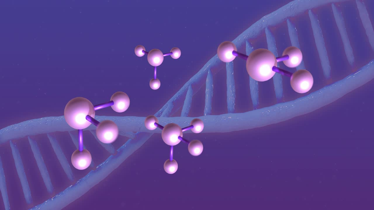 Animazione di molecole fluttuanti su catene di DNA su sfondo viola.