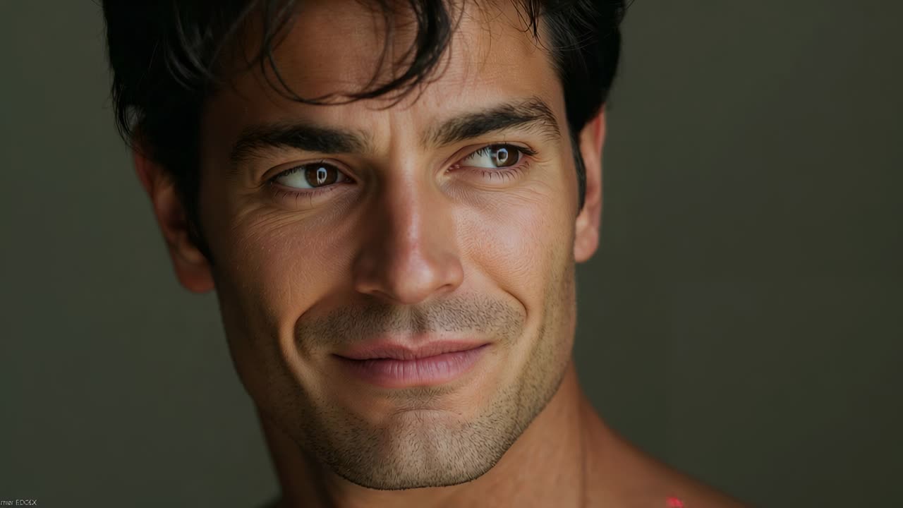 Uomo adulto che reagisce spostando lo sguardo e cambiando espressione dopo i tagli di inquadratura in studio, sfondo verde tenue