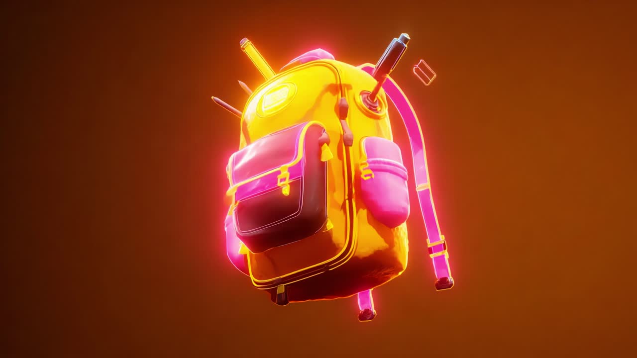 A Glowing Backpack with Colorful Accents and School Supplies, Floating Against a Warm Background, Showcasing a Modern Design Ideal for Students and On-the-Go Individuals