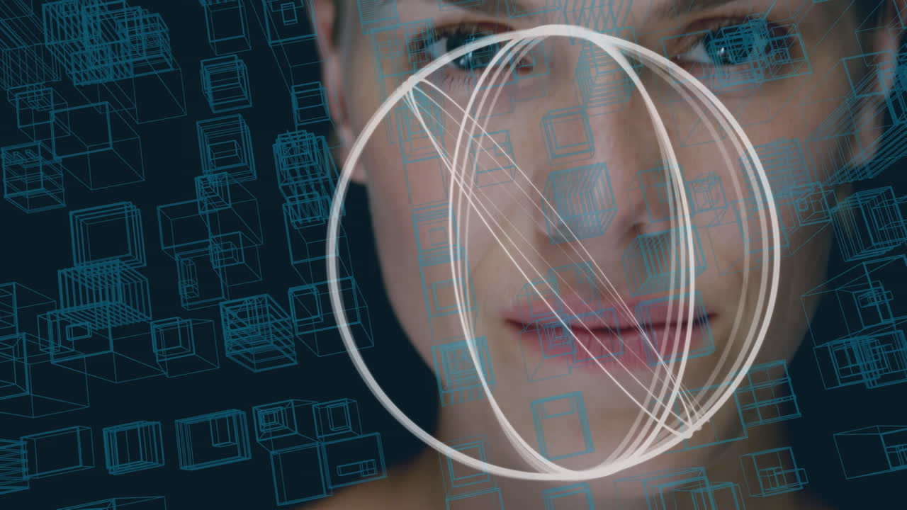 animación de la ciudad y círculos sobre mujer caucásica