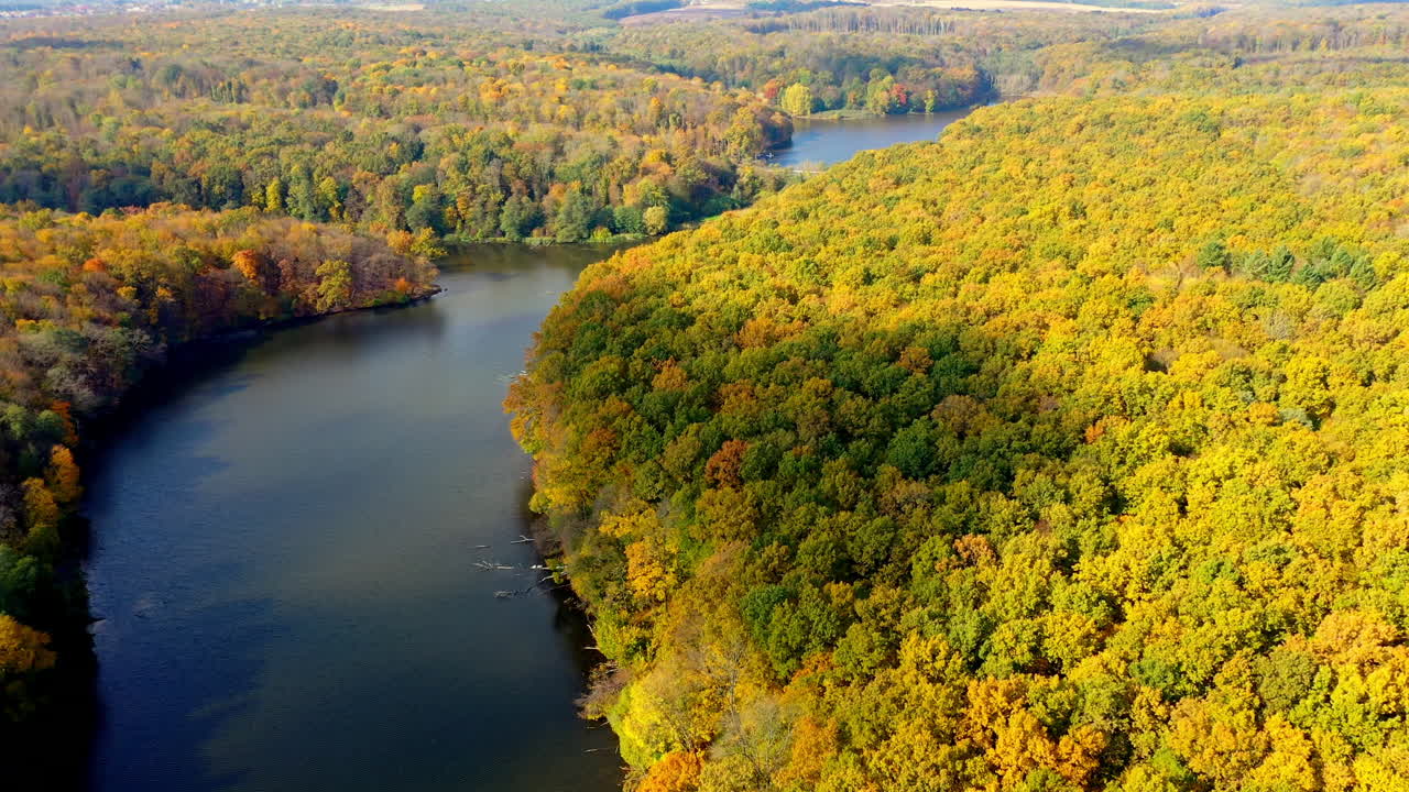 Beautiful scenery of autumn forests abundantly growing over the ramose river. Drone shot rising over the picturesque landscape.