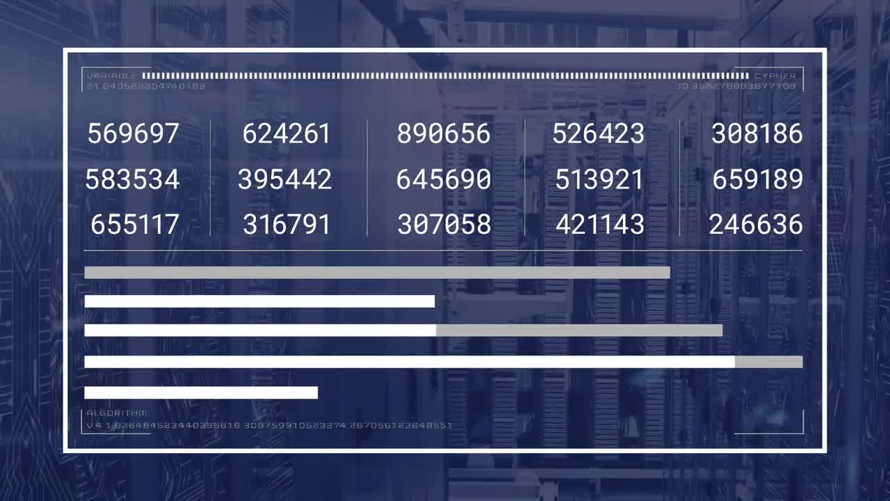 그래프의 애니메이션, 로딩 바, 데이터 서버 랙의 회로판 패턴에 대한 변화하는 숫자