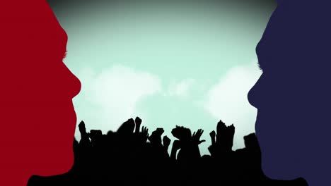 Animation-of-blue-and-red-faces-over-raising-hands