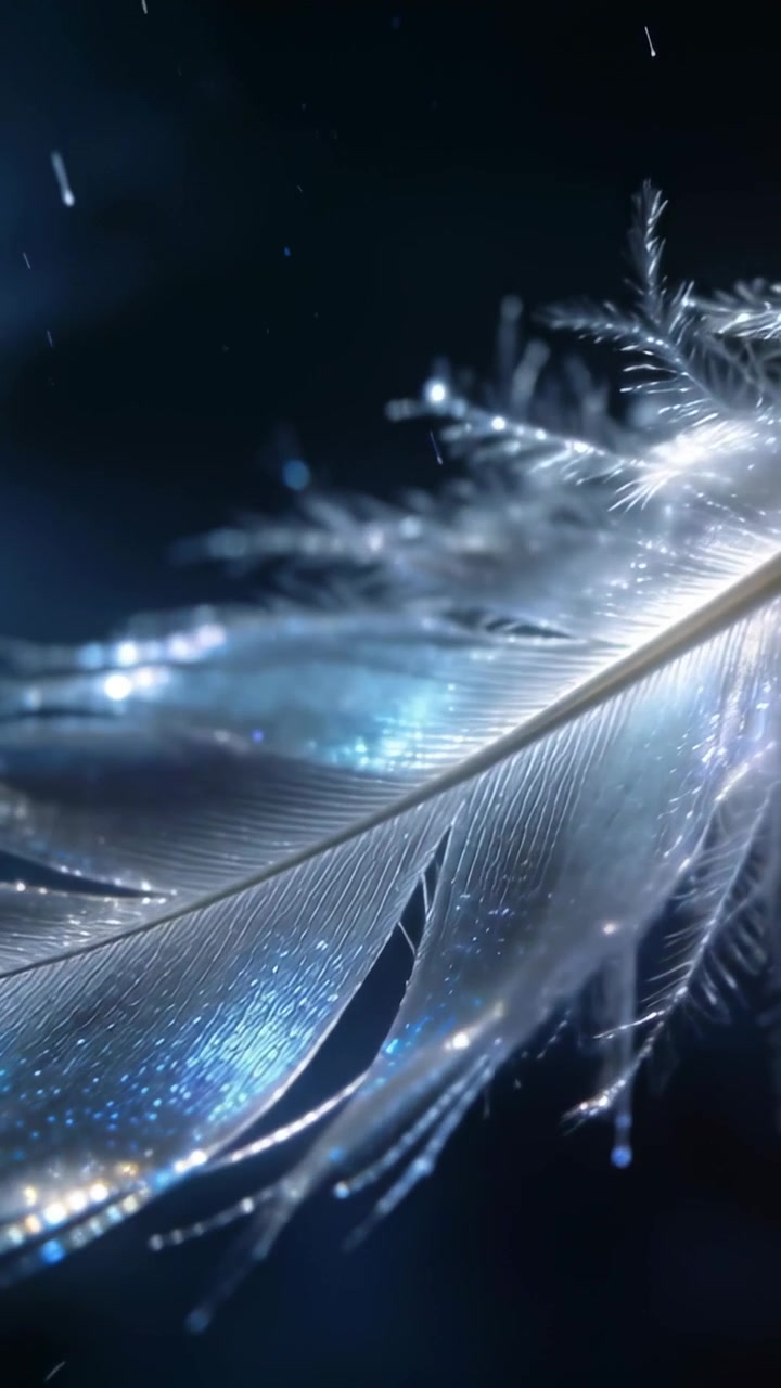 Video verticale: Asta che tocca una penna d'oca, facendo cadere particelle da una singola piuma in uno studio con luce blu.