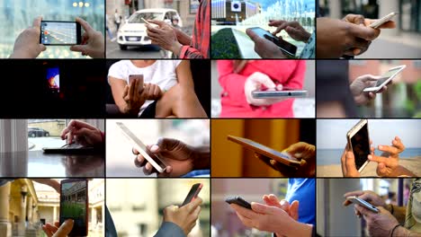 composition of multiscreen of technology,people,communication. hands typing on smartphone