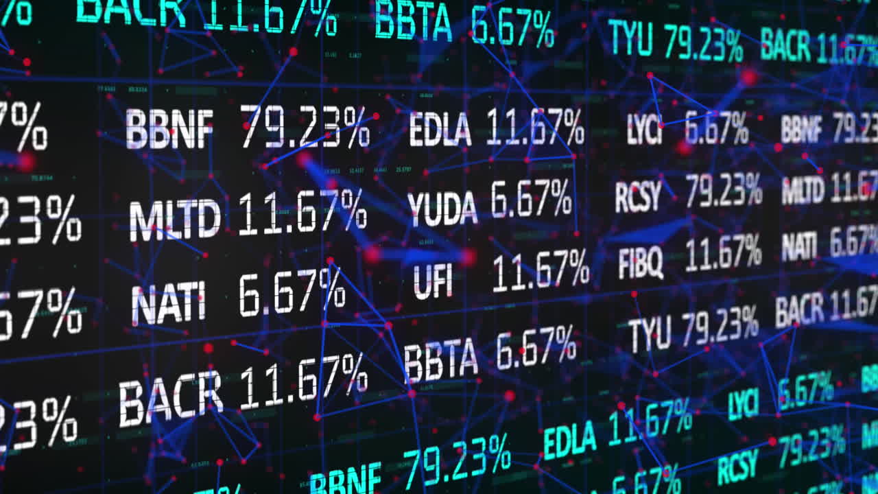 Animation of trading board over connected dots forming geometric shapes on black background