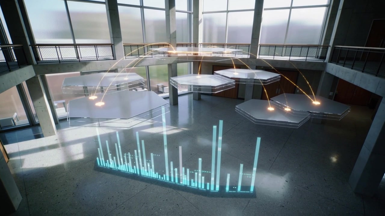 Animerer holo som stigende cyan-stenger, kobler sekskantede noder med oransje buer i et atrium for å visualisere systemet