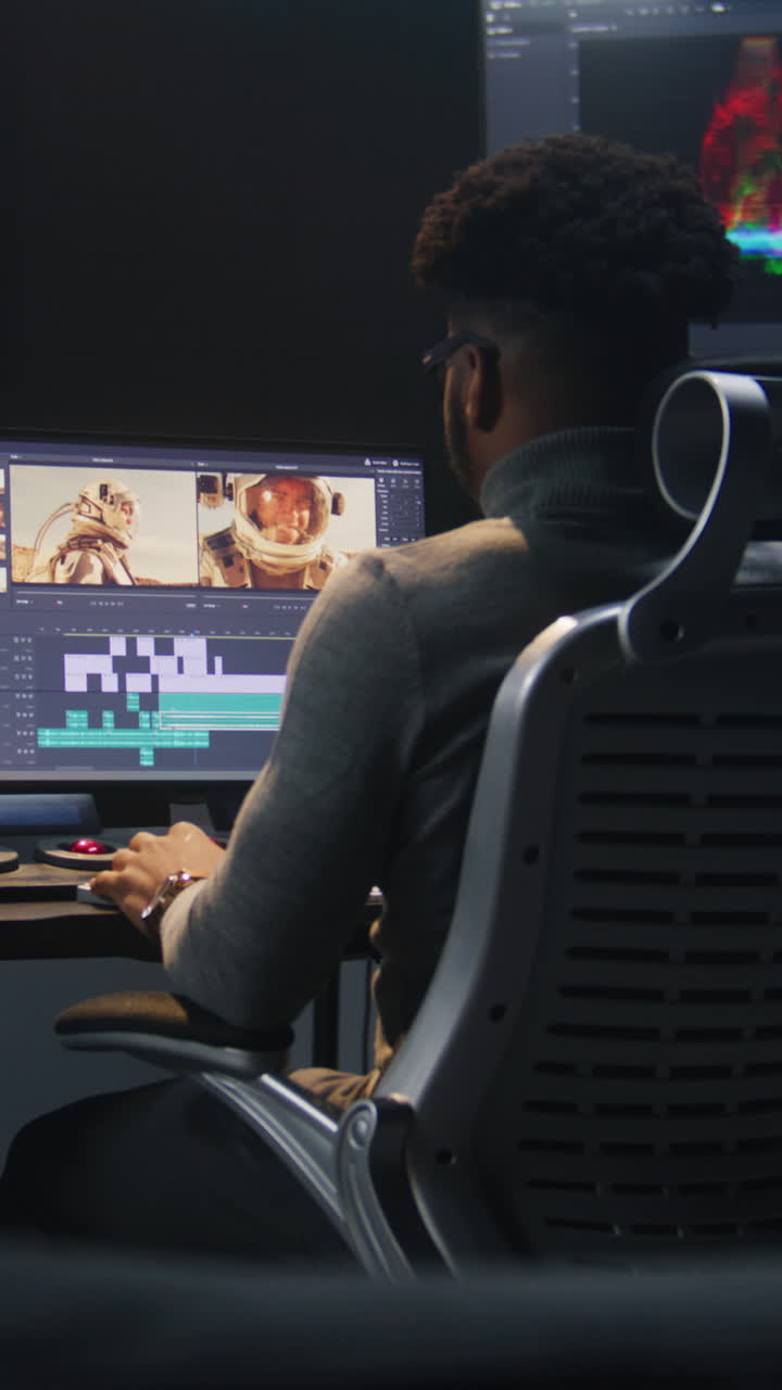 editor de video trabajando en un proyecto con temas espaciales