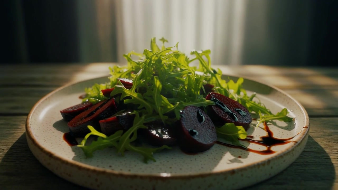 Insalata fresca di barbabietola e rucola su un piatto rustico