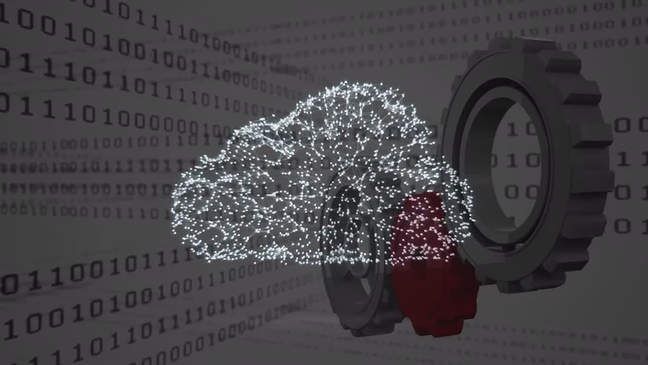 animación de nube sobre engranajes y código binario en fondo gris