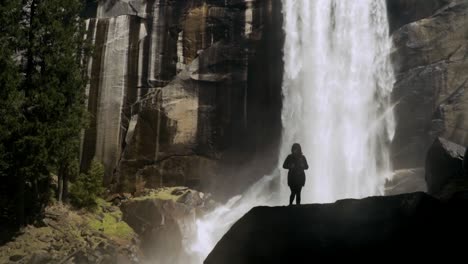 silhouette of a girl walking in front of waterfall