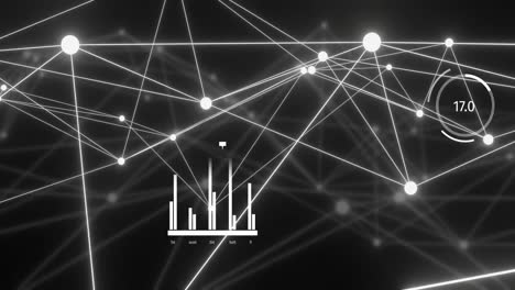 animación del procesamiento de datos, red de conexiones con nodos brillantes sobre fondo negro