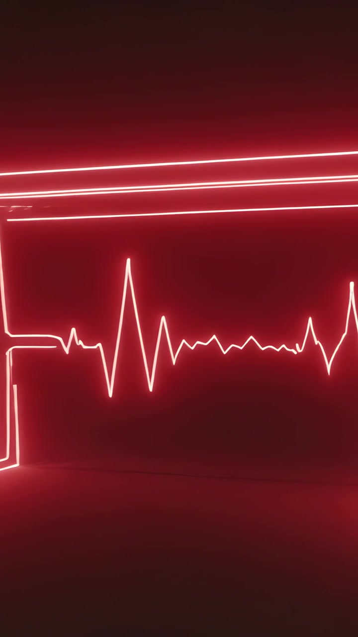 Video verticale: Onda sonora al neon rosso pulsante che sale sulla parete, la telecamera si allontana rivelando il soffitto