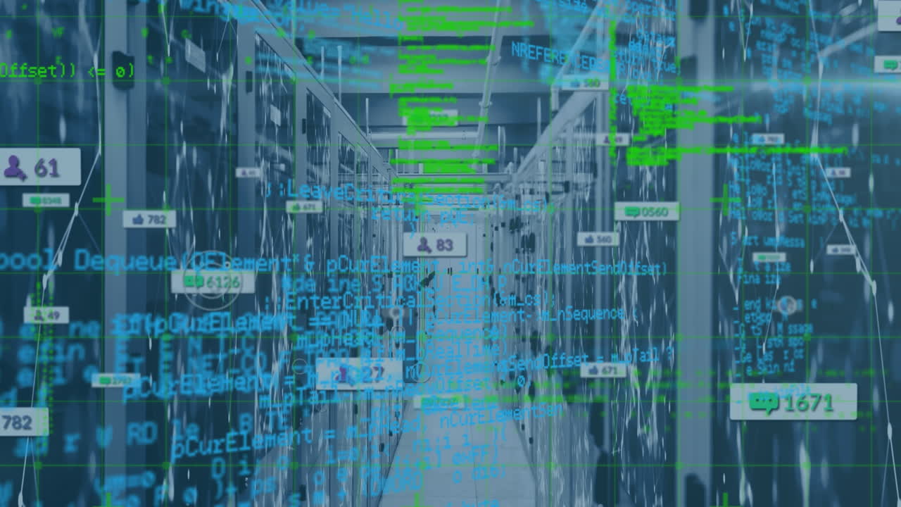 Animation of data processing and media icons over server room