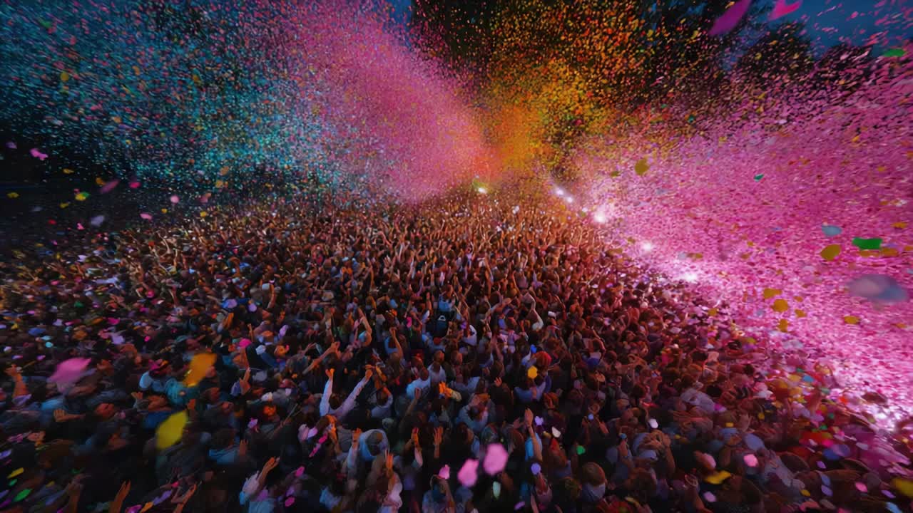 Folla che festeggia l'Holi Festival con colori e polvere