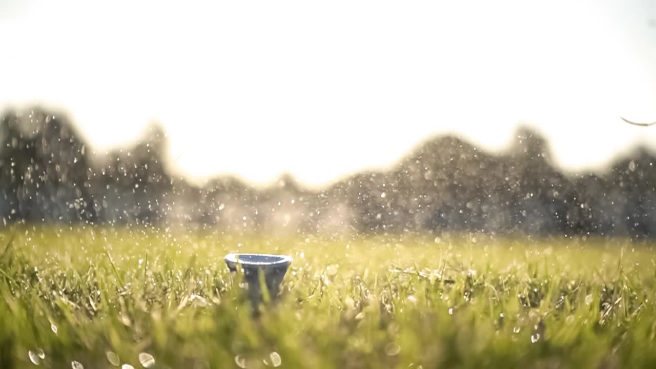 골프 클럽은 슈퍼 슬로우 모션으로 골프 공을 때립니다. 아침 이슬의 방울과 풀 입자가 충돌 후 공중에 올라갑니다.