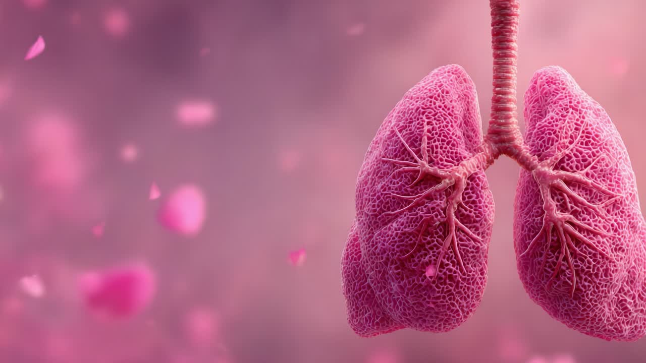 Uno splendido primo piano di polmoni umani circondati da petali delicati, che mostra la struttura complessa e l'unicità dell'anatomia respiratoria in un'atmosfera onirica