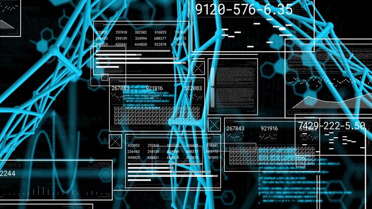 Animation of digital data processing and network of connections over black background