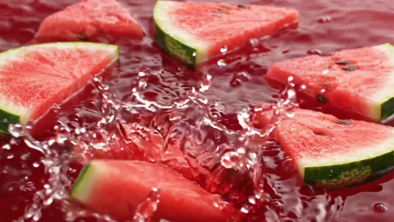 Fette di Anguria Succose Che Si Tuffano in una Piscina di Liquido Rinfrescante, Creando Bolle e Increspature, Catturando l'Essenza del Dolce Preferito dell'Estate
