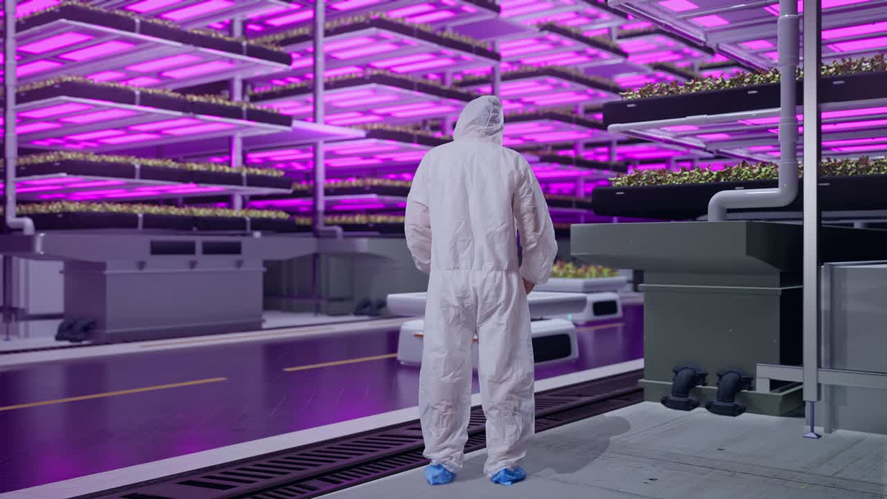 Vertical Farm Worker in a Futuristic Hydroponic Facility