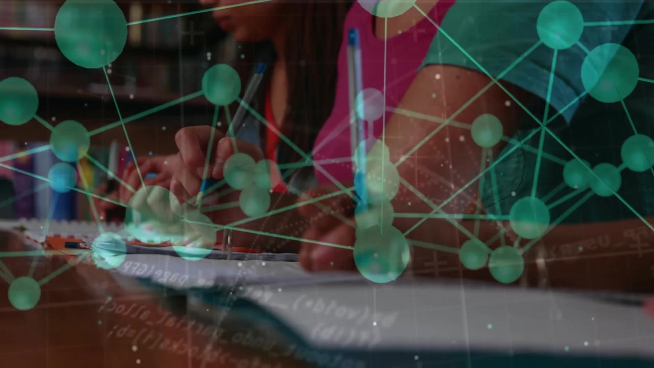 Students studying and reaching for blue pen, writing notes in library with pulsing network overlay