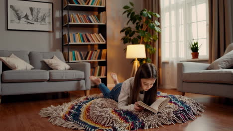 girl reading a book in the living room