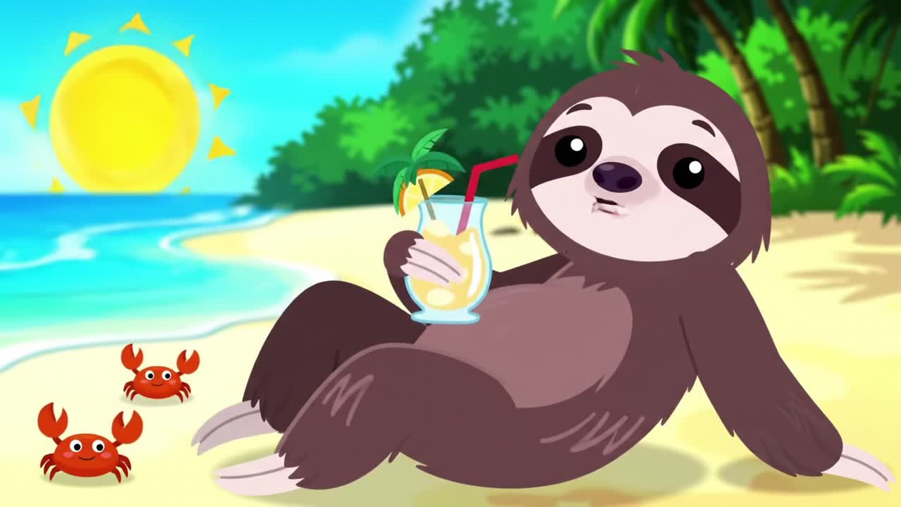 Relaxing Sloth Enjoying a Tropical Beach Day with a Refreshing Drink in Hand and Playful Crabs Near the Shore Under a Bright Sunny Sky
