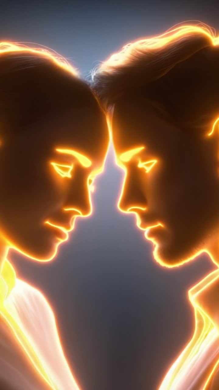 Un abbraccio moderno: due anime in connessione con dettagli illuminati, creando un'atmosfera radiosa di amore e intimità in un'ambientazione onirica.