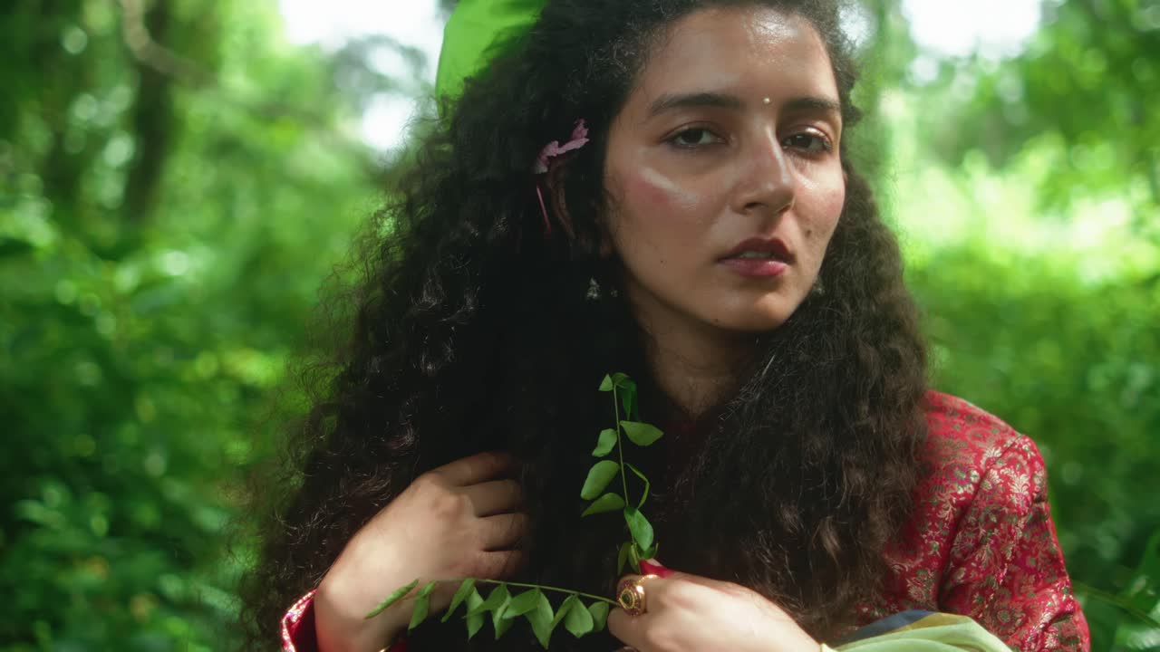 Close-up of a woman in a sari holding leafy branches, turning her head toward the camera amid greenery
