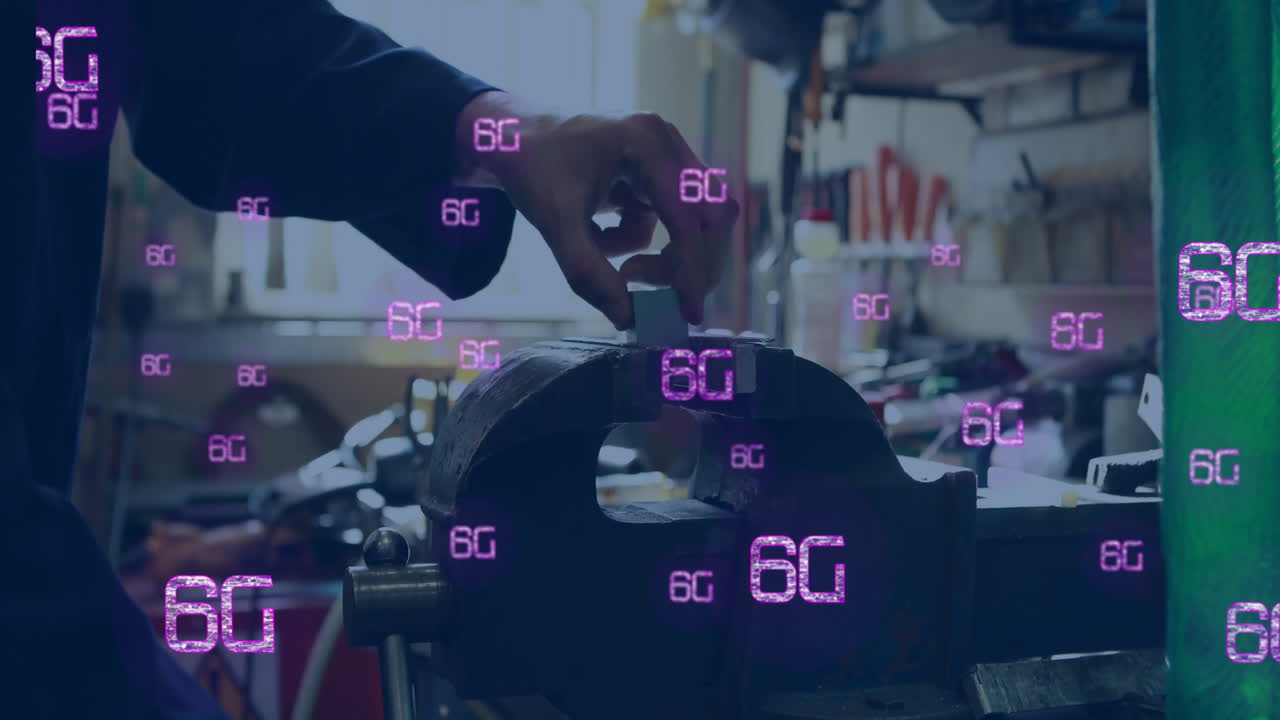 워크에서 비스를 사용하는 백인 장인 위에 분홍색으로 6g 텍스트의 애니메이션