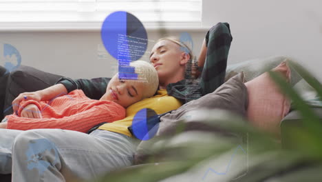 Resting on couch, two people with financial data animation over them