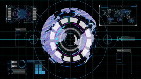 digital animation of rotating globe with data visualizations in futuristic interface