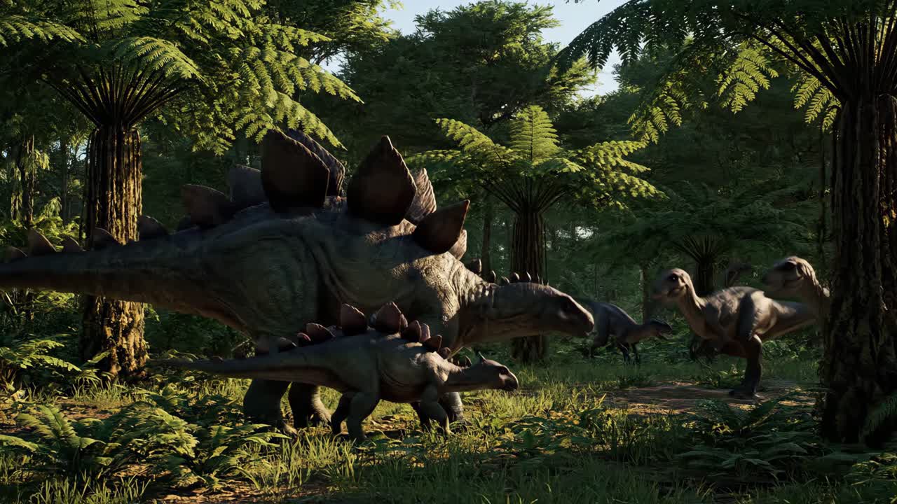 Stegosaurus and Velociraptor Encounter in a Prehistoric Forest