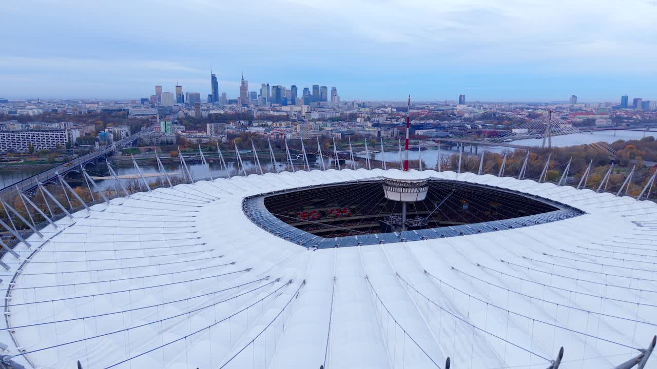 Aerial View, Retractable Roof of National Football Stadium in Warsaw Poland in Twilight, Drone Shot