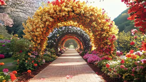 un pasillo alineado con muchas flores coloridas en un jardín