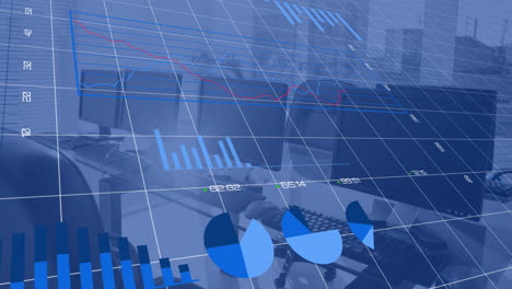 Animation of statistical data processing against close up of desks at office