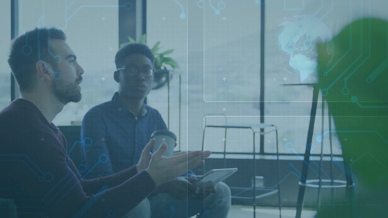 Left man starting speaking gesturing right man following tablet HUD overlaying for tech review
