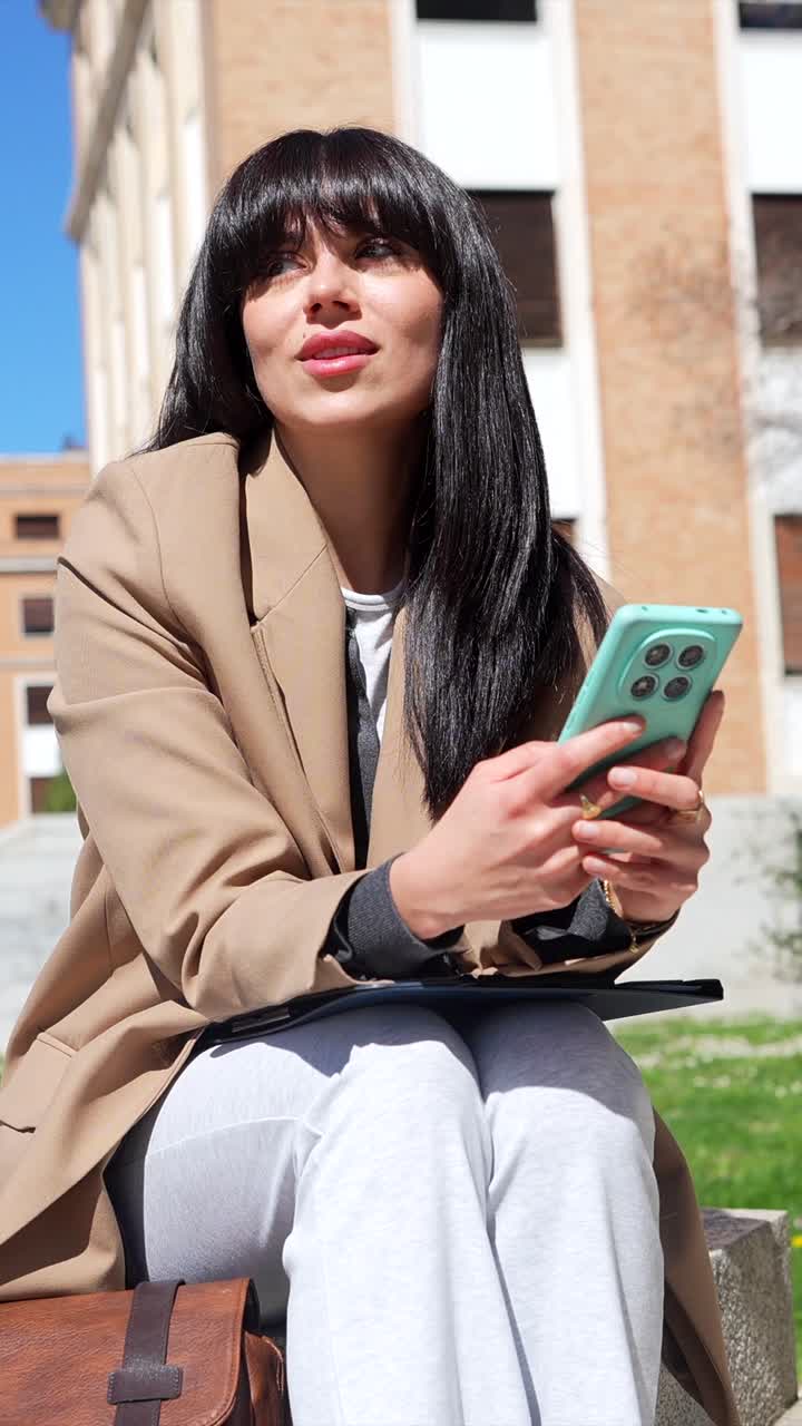 Giovane donna sorridente che usa lo smartphone all'aperto