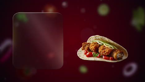 crispy fish taco with tomatoes and cucumbers (red background) - a glass panel appears - ready for your message to shine above the plate