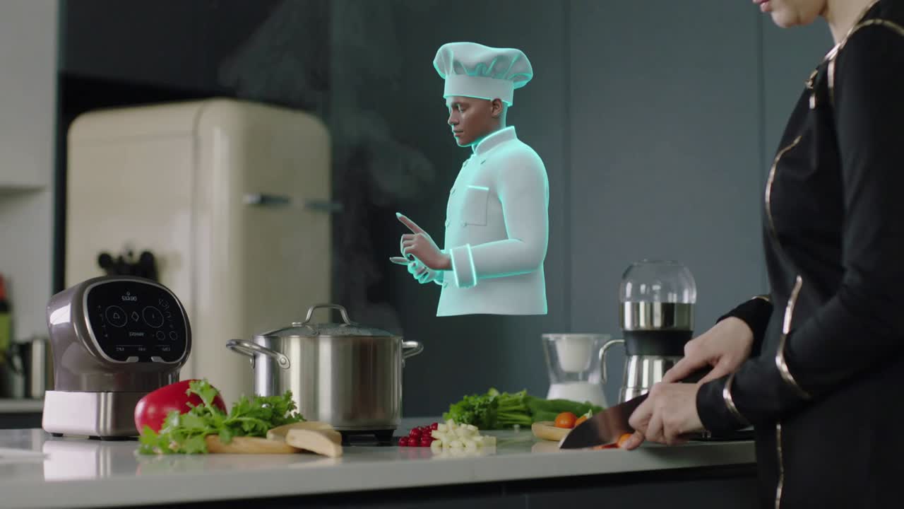 Appearing hologram chef gesturing near steaming pot, guiding cook in dark jacket chopping carrots