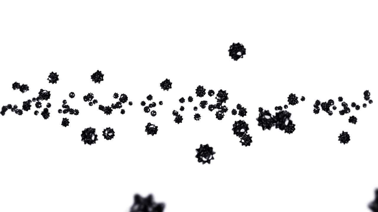 색 배경에 많은 바이러스를 날아다니는 만화 캐릭터. 의학 개념. 화를 내는 재미있는 검은 바이러스 마스코트. 3d 루프 애니메이션.