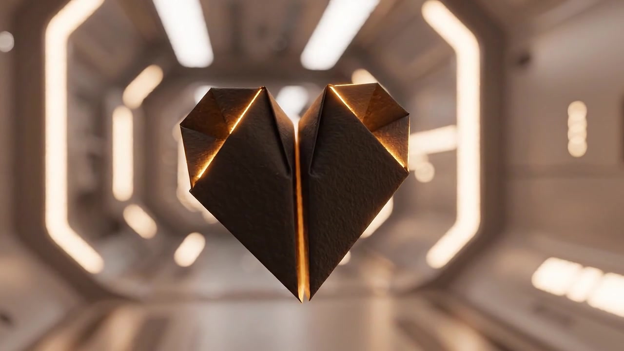 Intrincado corazón de origami en un entorno futurista: un impresionante viaje visual a través de un diseño único y una estética moderna que simboliza el amor y la conexión.