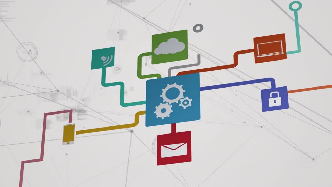 ⁇ 색 배경에 데이터 처리에 대한 아이콘으로 연결 네트워크의 애니메이션