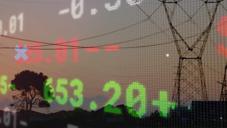 electricity tower standing under pixelated stock overlay at dusk with flat design silhouettes