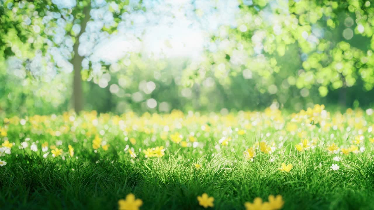 Low-angle video shot of a sunlit meadow with vibrant yellow and white flowers, surrounded by lush