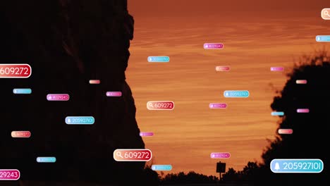 Animation-Von-Social-Media-Symbolen-über-Der-Sonnenuntergangslandschaft