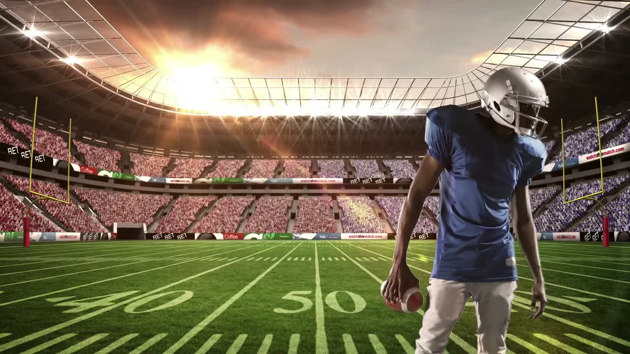 Giocatore di football americano che indica la telecamera