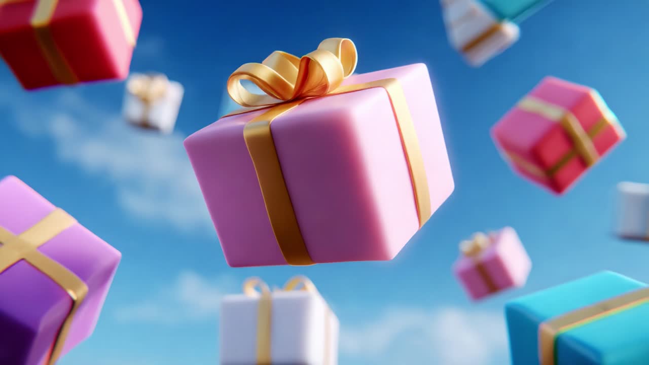 A mesmerizing display of colorful gift boxes floating against a bright blue sky, each adorned with a shiny gold ribbon, creating a captivating visual feast perfect for celebrations and festive occasions