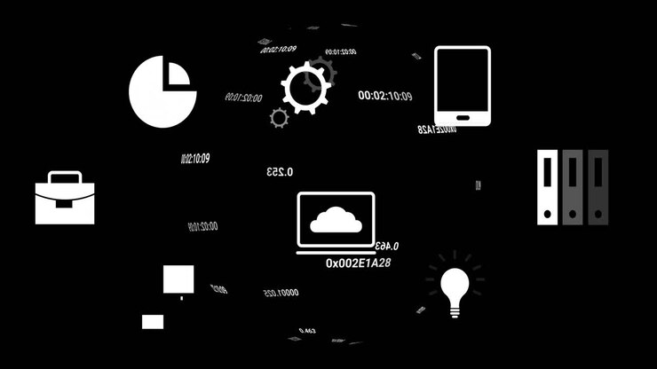 Animation of financial data processing and icons over black background