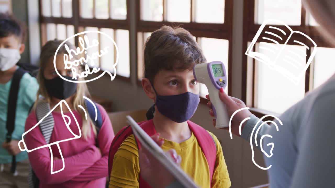 백인 여성 교사가 소년의 체온을 확인하는 콘투르 학교 아이템의 애니메이션